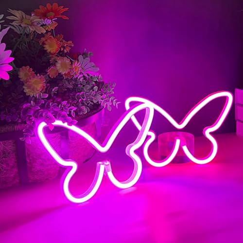 2 Pieces Butterfly Neon Sign, LED Light for Bedroom Wall Decor, USB/Battery Powered Night Light for Kids Room, Girls Home, Wedding, Birthday Party Art Decorations