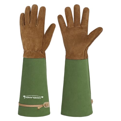 Image of HANDLANDY Rose Pruning Gloves for Men Women, Thorn Proof Gardening Gloves | Long Leather Gardening Gloves, Breathable Leather Gauntlet, Best Garden Gifts & Tools for Gardener (Moss Green, L)