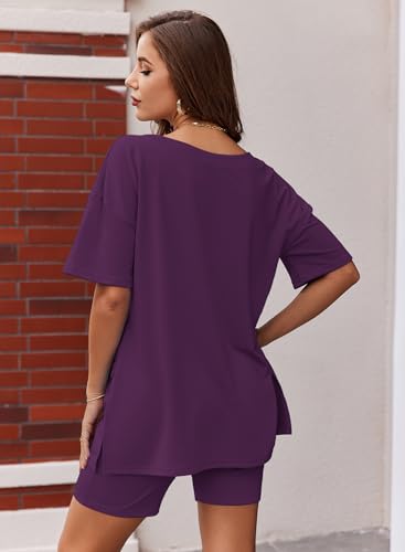 Image of Ekouaer Womens Pajamas 2 Piece Lounge Sets Oversized V Neck T-Shirts Tops Biker Shorts Set Workout Reversible Tracksuit S-XXL