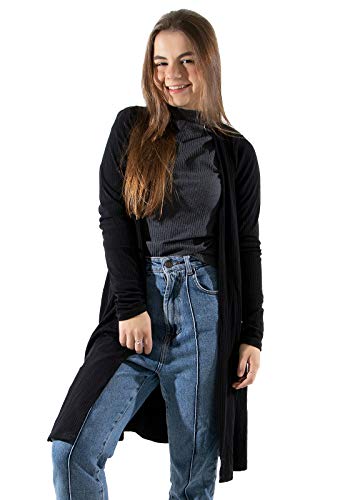Cardigan Canelado 4 Estações Leve Feminino Liso (Preto, G)