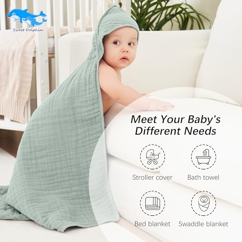 Image of SWEET DOLPHIN Muslin Hooded Baby Bath Towels - 2 Pack 100% Cotton Towel for Babies, Infants, Toddlers - 32x32Inch - Highly Absorbent and Newborn Essential, Light Emerald