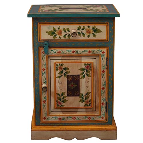 Pandora - Mesita de noche de madera maciza india pintada a mano, color azul, 17.7 pulgadas, diseño moderno, mesita de noche, dormitorio, sala de estar, madera, fácil de tirar, decoración del hogar