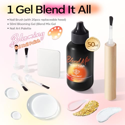 Image of modelones 50ML Blend Mix Blooming Gel Nail Polish Set with Nail Art Palette & 20PCS Nail Brushs, Clear Blooming Gel for Spreading Effects Floral Print Marble Design Mix Color Glitter Nail Art DIY