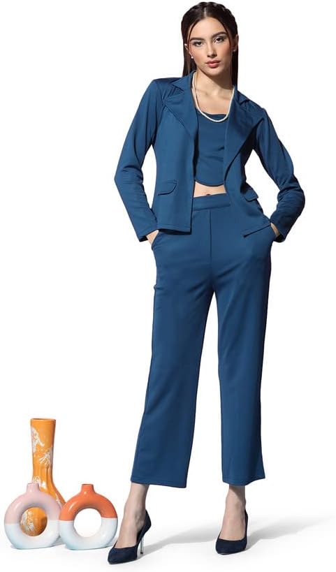 SelviaWomen's Pink Lycra Solid Three Piece Blazer Co-Ord Set