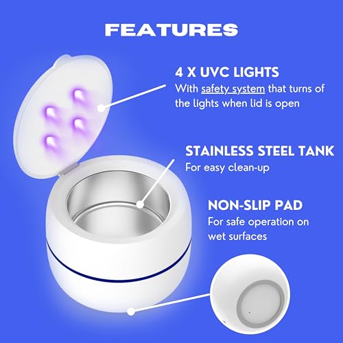 Image of Ultrasonic Retainer Cleaner Machine with UV Lights for Invisalign, Aligner, Night Guard, Denture, Whitening Tray, Mouth Guard and Toothbrush Head - Dental Ultrasonic Cleaning Pod
