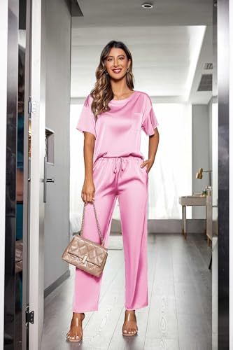 Image of Ekouaer Womens Satin Silky Pajama Set Short Sleeve Shirt with Long Pajama Pant Set Soft PJ Loungewear