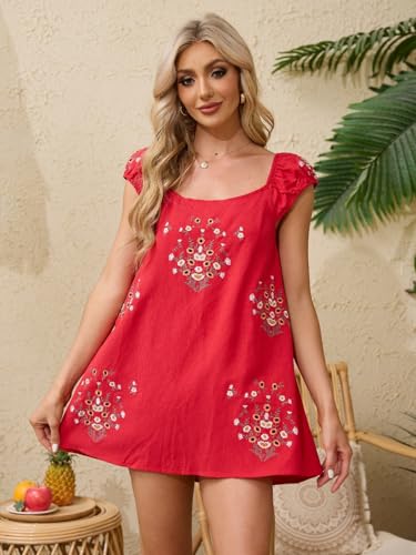 Image of Linen Mini Cute Dress Women Floral Embroidered Dress with Crew Neck and Sleeveless Casual Guest Vintage Dresses