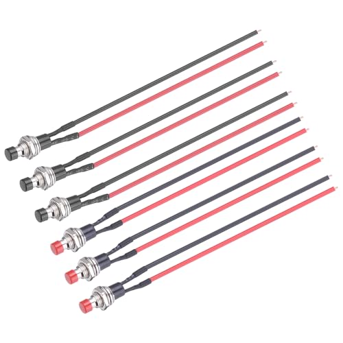 sourcing map Set of 6 1A 250V AC 7mm Mini Momentary Push Button Switch SPST PBS-110 NO Black/Red Switch Button with Pre-Soldered Wires for Electronic Devices Household Appliances