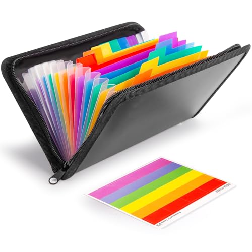 Organizador de arquivos sanfonado – 13 bolsos mini cupons e porta-recibos, carteira de documentos expansível para cartões de visita, notas, papéis tamanho A5 – Inclui etiquetas em branco, preto