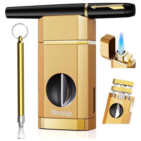 Triple Jet Torch Lighter with One-Touch V Cutter, Holder, Draw Enhancer Tool, Gifts for Men, Butane Refillable Lighter, Multifunctional All-in-one Lighter with Accessories, for Outdoor Travel, Candles Cover