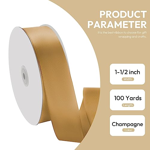 Quhora 1-1/2" X 100 Yards Single Faced Champagne Gold Polyester Satin Ribbon, Satin Ribbon For Gift Wrapping, Crafts, Wedding, Party, Diy Bows, Bouquet Decoration, Sewing, Christmas #TOP1