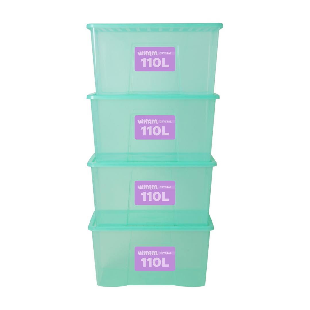 Wham Tint Spearmint Crystal Plastic Storage Boxes With Lids Home Office Stackable Nestable Container Box, 110L Easy Fit Underbed Protective Storage Box, 79.5 X 39.5 X 42 Cm - (Set Of 4)