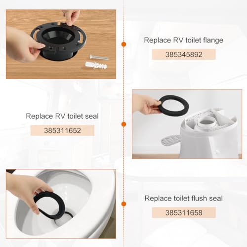 Image of EMVANV RV Toilet Seal and 3 Inch Socket RV Toilet Flange Kit, Designed for RV 300 /310 /320 Toilets, Replaces 385345892 Flange and 385311658 Flush Seal and 385311652 Base Seal(Black)