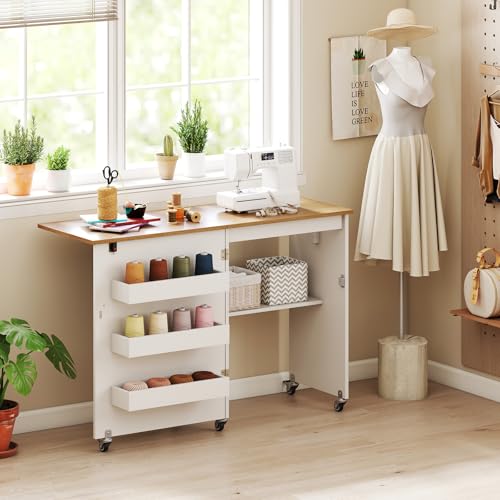 image for Giantex Folding Sewing Table with Charging Station, Rolling Craft Tabl