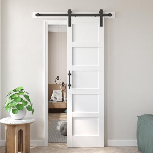 Image of Fredbeck 24x84 inch White Sliding Barn Door with Hardware,PVC,MDF,5-Panels | with 4FT Sliding Door Hardware Kit Included & Handle,Solid ,DIY Assembly,Interior ,Modern