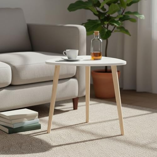 INDE MOBLEKIT | Mesa Auxiliar Madera Blanca 38,5 cm con 3 Patas, Mesita Auxiliar Salón Dormitorio, Mesa de Noche Estilo Nórdico para Sofá, Cama o Rincón, Mesas Auxiliares para Hogar Moderno