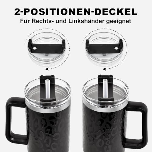 FECBK Thermobecher mit Strohhalm, Henkel und 2 Deckeln 1,2L, Nacht Panther – Ansicht 4