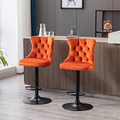 Swivel Bar Stools Set of 2 Adjustable Counter Height Velvet Upholstered Barstools with Nailheads Trim Button Tufted Back and Metal Footrest Bar Chairs for Dining Room Home Bar Kitchen Orange
