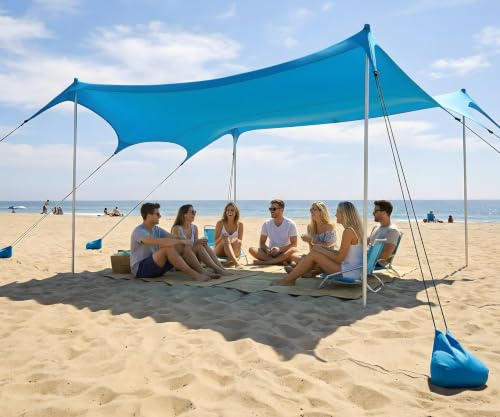 Beach Tent Sun Shelter, 14 × 11FT UPF50+ Protection Beach Shade Canopy, Easy Setup, with 8 Sandbags, 4 Stability Poles, Sand Shovel, Ground Spikes, Outdoor Shade for Sand, Camping, Fishing