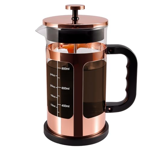 RealPero French Press Coffee Tea Maker, Upgrade Heat Cold Resistant Thickened Glass with 4 Level Stainless Steel Filtration System Brew Coffee & Tea, BPA Free, Large 1000ml 34oz,Rose Gold
