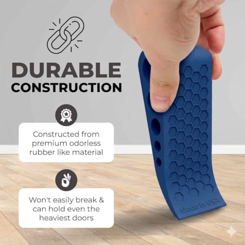 Image of Door Stoppers for Bottom of Door Premium Floor Rubber Door Stop Wedge Made in USA Heavy Duty Honeycomb Design for Carpet, Tile, Ideal for Home, School, Commercial,Blue 4 Pack
