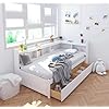 DEINPPA Twin Size Bookcase Bed L Shape Captain Bed Frame with Storage Drawers Wooden Platform Bed with Bookcase Headboard Hug Bed Frame for Kids Teens Boys Girls White