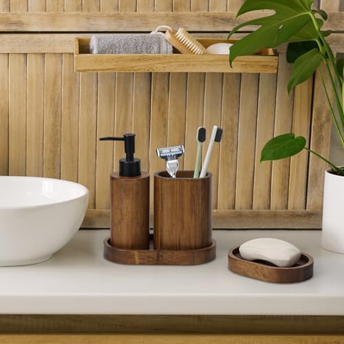 4-teiliges Badezimmer-Zubehör-Set aus verkohltem Bambus, Seifenschale, Seifenspender, Tablett, Zahnbürstenhalter, handgefertigt, feuchtigkeitsbeständig, japanischer Stil