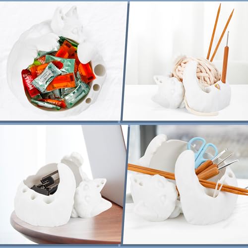 Image of VEHICAR Yarn Bowl 3D Printed, Large Cat Yarn Holder with Tool Hole, Cute Sleeping Cat Shape Storage Bowls, Ideal for Crocheting and Knitting, Great for Yarn Organization (Pure White)