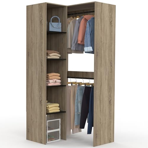 IDMarket - Dressing d'angle modulable L. 90/127 cm MELMAN double penderie + étagères bois et noir