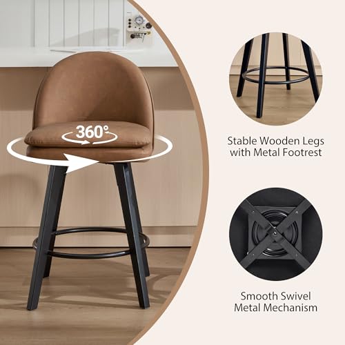 Butacos de altura para barra, set de 4 unidades, modernos giratorios con respaldo, sin brazos, tapizados en cuero sintético, patas de madera maciza, color marrón, para isla de cocina miniatura 4