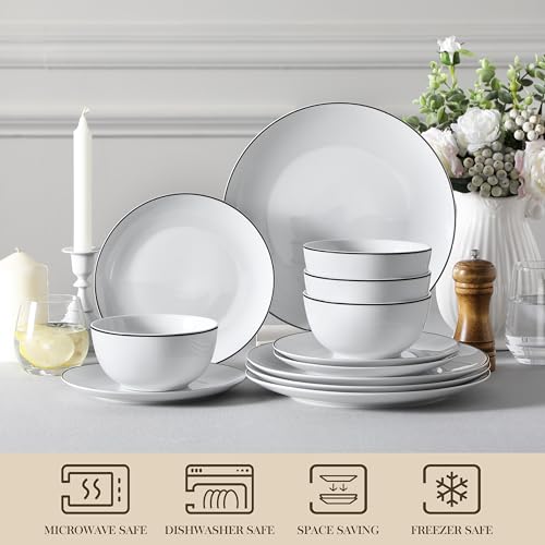 Image of MALACASA 12 Pieces Gourmet Porcelain Dinnerware Sets, Modern White with Black Rim Dish Set for 4, Premium Serving Plates and Bowls Sets, Chip and Scratch Resistant Dishware Sets, Series AMELIA