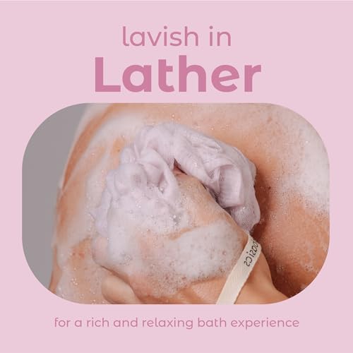 Image of MainBasics Shower Loofah Sponge Pouf, Set of 3, Perfectly Pink | Soft Mesh Body Scrubber and Bath Sponge for Gentle Exfoliation, Rich Lather, and Everyday Shower Use