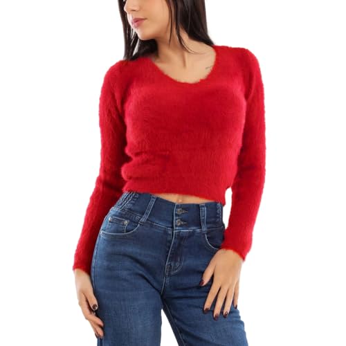 Toocool Pull Femme Poilu Pull Court Bodycon Hiver Col V 9390, rouge, S-M