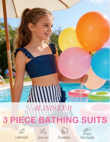 Image of ALISISTER Girls Swimsuit 3 Piece Bathing Suits Summer Bikini Tankini Sets with Cover Up Skirt for 4-12 Years