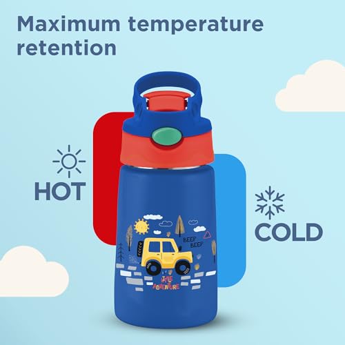 Image of Milton Insulated Spout Sipper Thermosteel Vacuum Insulated Water Bottle with Spout Lid and Straw, 300 ml, Easy Grip, Leak Proof, Hot & Cold, Bottle for Kids, School, Travel, ISI Certified, Dark Blue