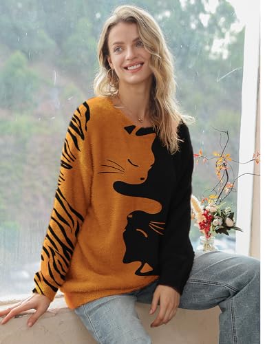Image of YESNO Women Christmas Sweater Graphic Printed Oversized Pullover Sweaters Casual Loose Knit Tops S01