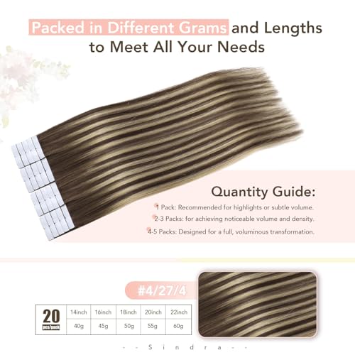 Image of Sindra Invisi Edge Tape in Extensions Human Hair | 18Inch 20pcs 50g, Seamless Injected Tape Ins Extensions, Medium Brown to Caramel Blonde, Invisible Tape in Hair