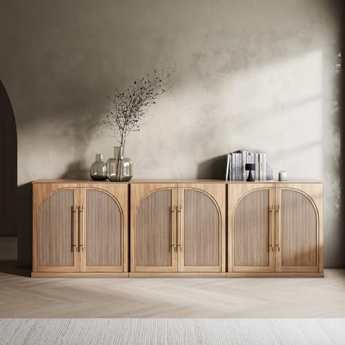 BELLEZE 3 Tier Bookshelf with Double-Arc Door, Set of 3 Modern Bookcase Shelf with Storage and Adjustable Shelves, 97'' Arched Buffet Wood Bookshelves for Living Room Office Entryway (Camel)