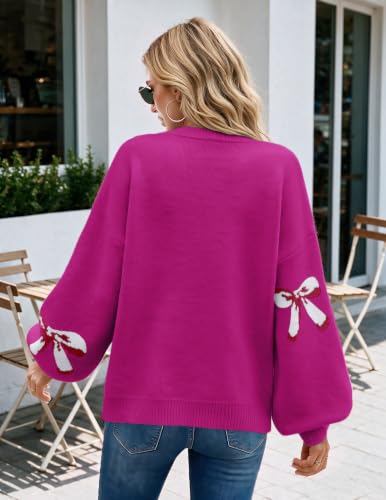 Image of Libsorge Womens Oversized Cute Bows Crewneck Pullover Sweater | Fall Winter Trendy Long Shoulder Balloon Sleeve Cozy Knit Baggy Printed Dressy Casual Valentines Day Vintage Sweaters