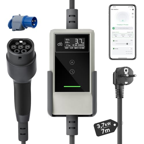 dé Cargador Coche Electrico 3,7kW App [7m, Monofásico, 6-16A] EV Charger con Potencia de Carga Ajustable, Cargador Carro Electrico para Model Y/3, e-Tron y vehículos BEV/PHEV, Blanco