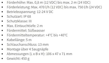 WaterSplash Pompe Solaire De Bassin 10/610 L/h - Hauteur Refoulement 2m - 12-24V DC - IP68 - 5m Câble