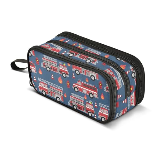 Image of Fire Trucks Pencil Case Box Boys Girls Large Pencil Pouch with Zipper Compartments Big Capacity Stationery Pen Bag Organizer for Kids Teens Adults School Office