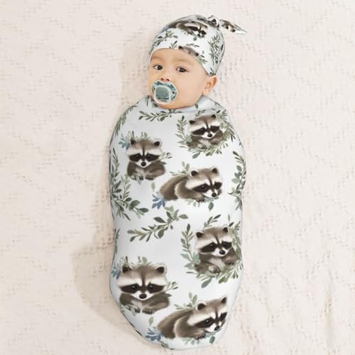 Image of Kawaii Raccoon Babies Newborn Swaddle Blankets Hat Sets Soft Baby Receiving Blanket Swaddle Sack for Baby Shower Infant Boy Girl Gift