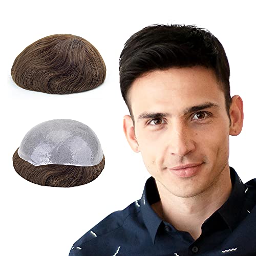 Lordhair Toupet Homme Naturel Cheveux Humains,Perruque pour Homme,0.06 mm V-looped de Taille de Base de Peau Super Mince 20X25 CM Perruque pour Hommes Remplacement des Cheveux Système-130% Densité