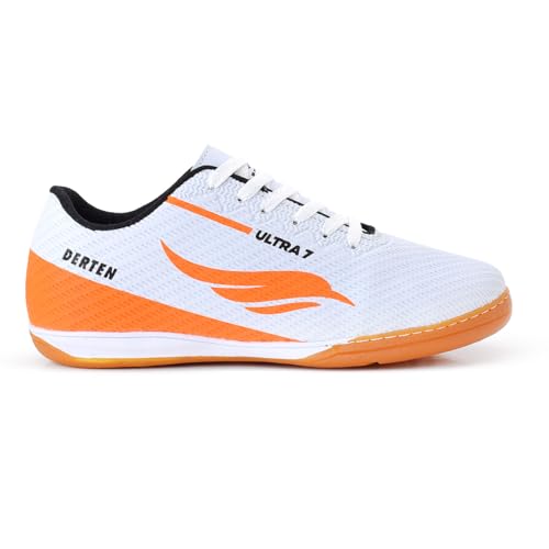 Chuteira Futsal Tênis Salão Quadra Adulto Costurada Resistente Original (Branco/Laranja, BR, Adulto, Numérico, 40)