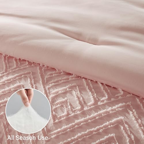 Image of Zzlpp King Comforter Set 7 Pieces, Pink Tufted Bed in a Bag with Comforter and Sheets, All Season Boho Bedding Sets with 1 Comforter, 2 Pillow Shams, 2 Pillowcases, 1 Flat Sheet, 1 Fitted Sheet