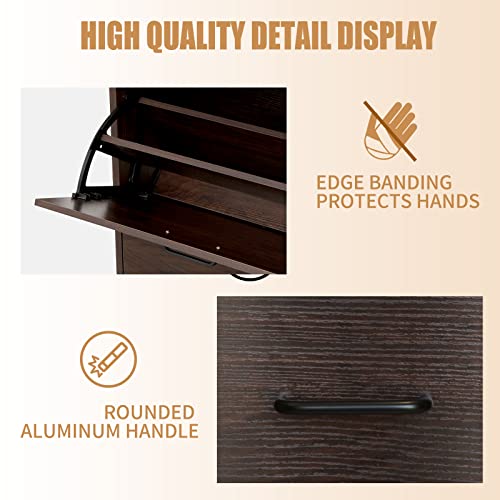 Kumiunion Brown Shoe Cabinet For Entryway With 3 Flip Doors & Adjustable Shelf, Narrow Shoe Storage Cabinet Of Wood, Modern Free Standing Shoe Organizer Rack, Walnut Brown #TOP5