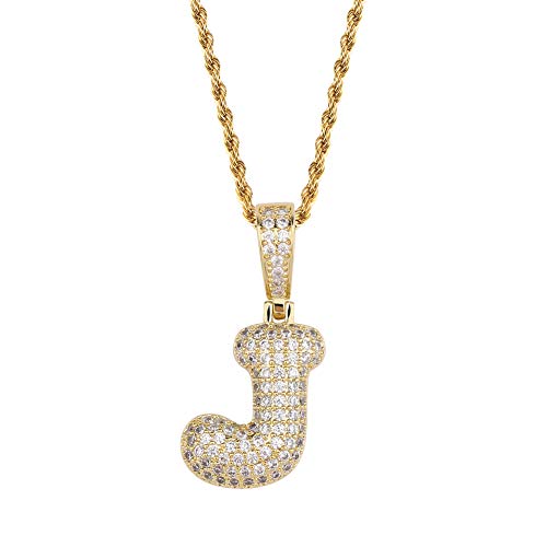 HECHUANG Micropave Simulated Diamond Iced Out Bling Custom Bubble Letters Pendant with Rope Chain (J Gold, 24)
