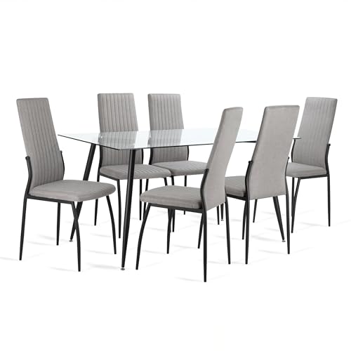 El Mejor Listado de Mesa de 6 Sillas más recomendados. 43 Kingshouse | Comedor Moderno Luna – 6 Sillas con Tapizado Poliéster – Mesa Vidrio Templado – Estructura Metal – Gris