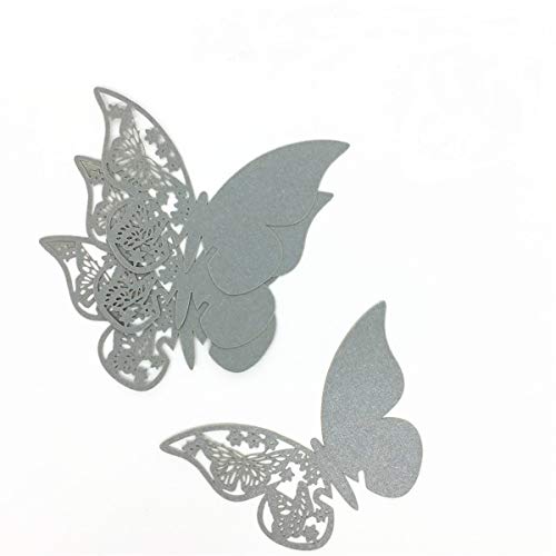 ElecMotive Lot de 100 Papillons 3D Carte de Verre Marque Place Forme de Papillon Ajouré Décoration de Table pour Fêtes Mariage (Gris)